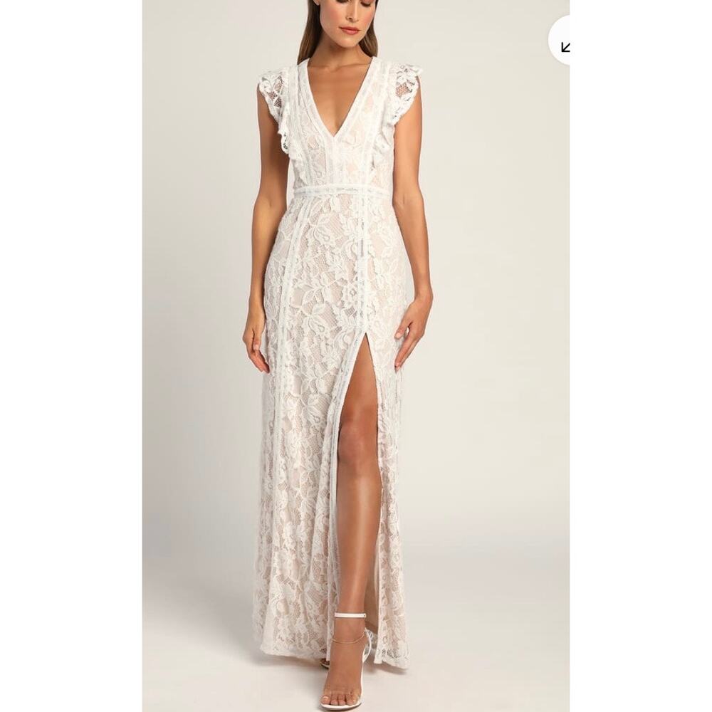 Lulu's White Lace V-Neck Maxi Dress with High Slit